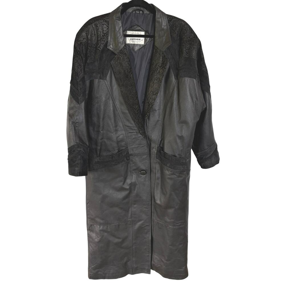 Vintage 80s Black Leather Long Trench Coat Punksteam Biker Heavy Winter Medium